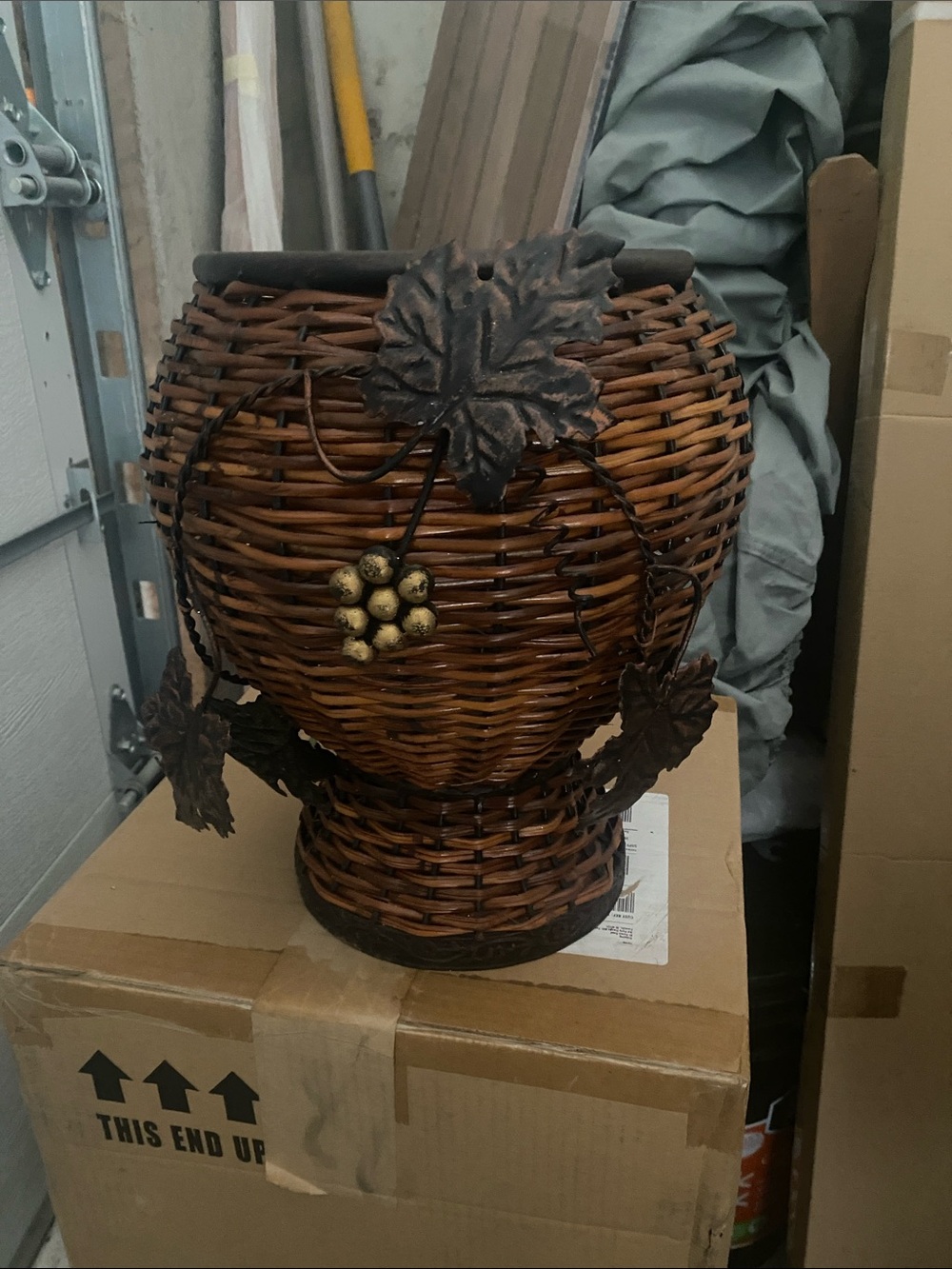 Woven Rattan Decorative Vase planter with Metal Grape Accents - Brown